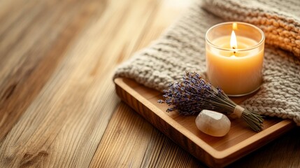 Poster - A calming setup with a moonstone crystal, dried sage, and a candle on a wooden tray with lavender encourages relaxation and spirituality