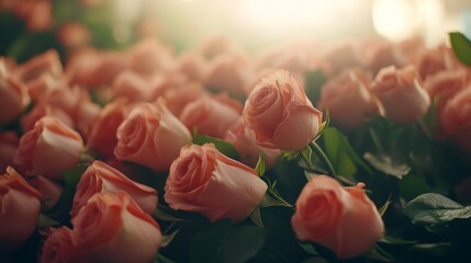Poster - A lush bouquet of pink roses showcases vibrant petals in full bloom, surrounded by soft greenery that enhances the romantic atmosphere under natural light
