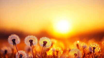 Poster - Dew-laden dandelion seedheads sparkle in soft morning light while golden meadow glows, evoking a serene and dreamy feeling of early dawn