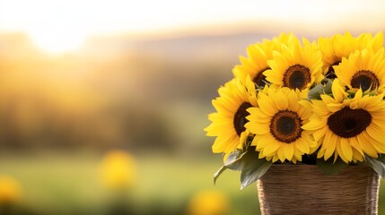 Leinwandbilder - A close-up of sunflowers arranged in a rustic vase, bathed in soft natural light, evokes feelings of happiness and showcases nature’s rustic charm