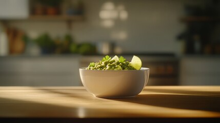 Aufkleber - Vibrant guacamole sits in a bowl, garnished with cilantro and lime wedges, softly lit by natural light, creating an inviting atmosphere for casual dining