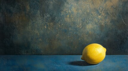 Poster - Single ripe yellow lemon on blue surface against textured dark blue background.