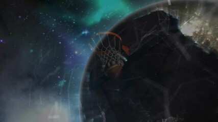 Wall Mural - basketball hoop rim orbiting cosmic galaxy, showcasing sports tech network planet and mist effect