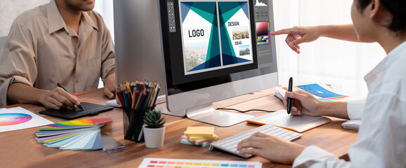 Poster - Graphic designer software for modern design of web page and commercial brisk ads showing on the computer screen