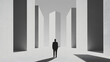 © photo for everything - Architectural Ambiguity: A lone figure stands amidst towering white pillars, casting a shadow in the stark, minimalist space. Mystery and scale are emphasized.