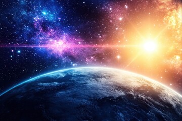 Wall Mural - cosmic sunrise over planet with stars illuminating the vast universe, cosmic scene with planet, sunr