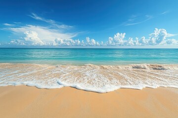 Wall Mural - Vibrant turquoise waves gently lap against the untouched sands of a tranquil beach under a bright blue sky, Beach of idyllic sea shore Untouched sand and vibrant blue sky over horizon