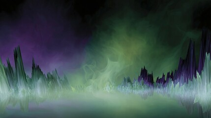 Wall Mural - Abstract landscape with dark background featuring green white and purple colors.