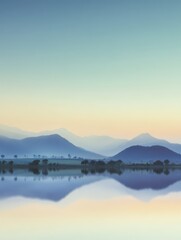 Wall Mural - Tranquil morning landscape with soft pastel hues reflecting on calm water surface surrounded by gentle mountains under a clear serene sky