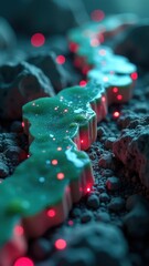 Wall Mural - Green and red object with a glowing effect. The object is surrounded by rocks