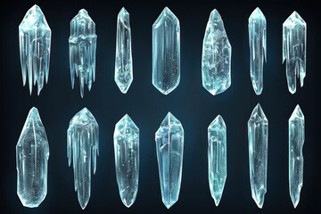 Collection of various ice crystals and icicles with different shapes and sizes, isolated on black background.