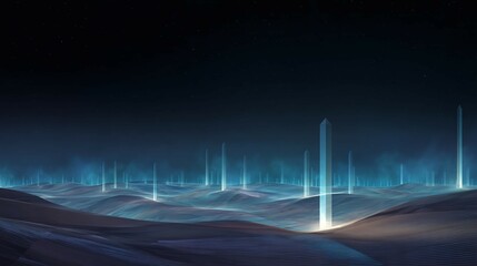 Wall Mural - Abstract landscape with glowing light beams rising from a dark hilly terrain.