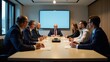 © Zaahid - Business professionals engage in a serious meeting around a modern conference table, featuring a digital presentation screen