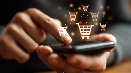 Person uses phone for online shopping, digital carts float above screen