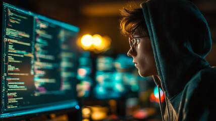 Focused coder, illuminated by screen glow, deciphering lines of code with unwavering concentration.  Hooded, in the digital realm.