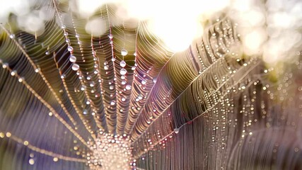 Delicate spiderweb glistening with dew droplets in the morning light, creating beautiful bokeh effects and a natural background.