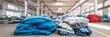 © Tida - Industrial Warehouse Clothing Stockpile - Mountains of used clothing fill a large industrial warehouse, symbolizing reuse, recycling, textile industry, global trade, and second-hand fashion