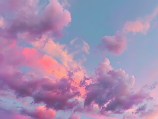 Wall Mural - Serene Evening Sky with Vibrant Pink and Purple Clouds under a Blue Atmosphere at Dusk with Soft Light and Textured Sky View