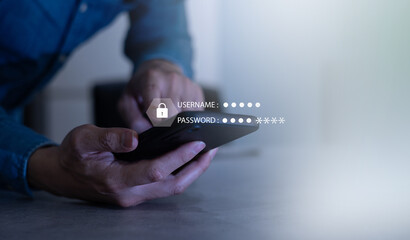 Wall Mural - close up businessman hand type on smartphone to access account on website by input username and pass