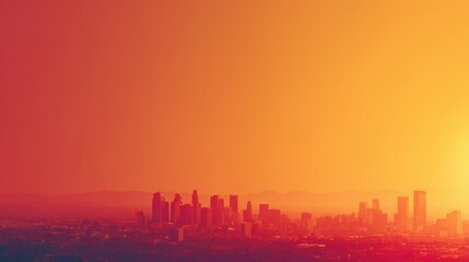 Wall Mural - Vibrant Sunset Over Urban Skyline with Soft Orange and Yellow Hues Casting a Warm Glow Across Cityscape and Mountains in the Distance