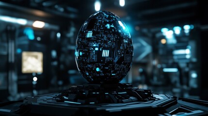 Leinwandbilder - Futuristic glowing egg on a technological platform in a dark room.