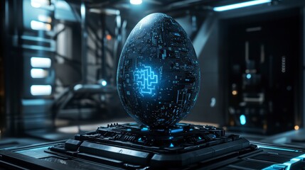 Poster - Futuristic egg with glowing circuit board pattern on dark metallic stand in a high-tech lab.