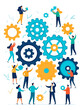 © Hector - Business organization, cooperation and teamwork vector illustration. Cartoon tiny people connect together puzzle pieces with gears inside, collective work of employees team on corporate goal and idea