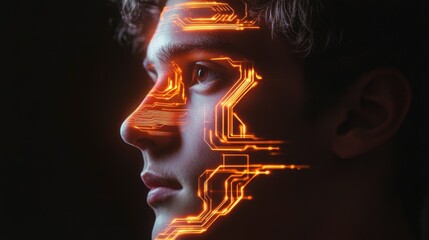 Leinwandbilder - Close-up profile of a young man's face with an overlay of glowing circuit board patterns.