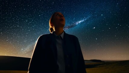 Woman gazing at a bright milky way over a field, deep blue starry night sky with stars and celestial patterns, outer space, nighttime landscape.