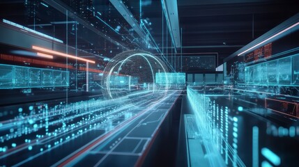 Poster - Futuristic digital data center interior with glowing holographic displays and network connections.