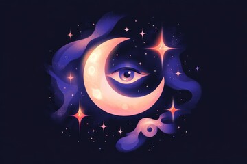 Wall Mural - Surreal crescent moon with eye and cosmic elements for dreamy design