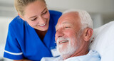 Caring Nurse Providing Comfort to Elderly Male Patient in a Medical Setting