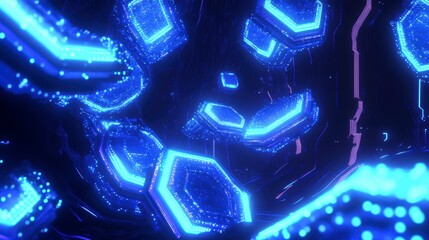 Leinwandbilder - Abstract digital tunnel with glowing blue hexagons and lines.