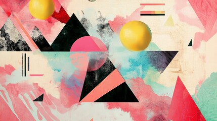 Poster - Abstract art with geometric shapes, watercolor textures, and citrus fruits.