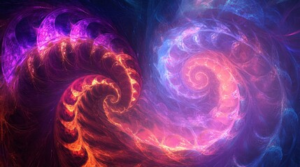 Poster - Abstract fractal art featuring two swirling spirals of vibrant purple, orange, and blue hues.