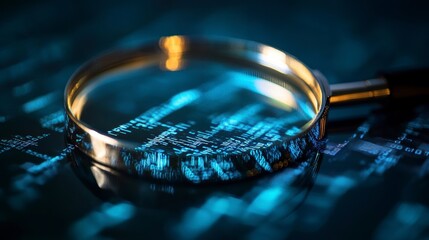Leinwandbilder - Magnifying glass over blue digital code.