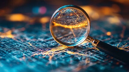 Aufkleber - Magnifying glass over illuminated city map, detailed urban network.