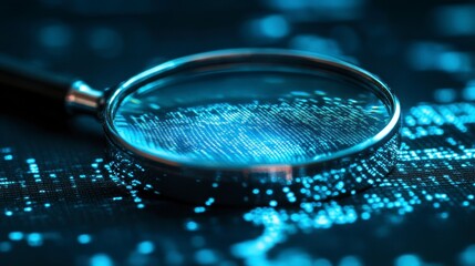 Poster - Magnifying glass over a circuit board with glowing data streams.