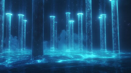 Wall Mural - abstract glowing blue light beams rising from a dark surface in a pattern.