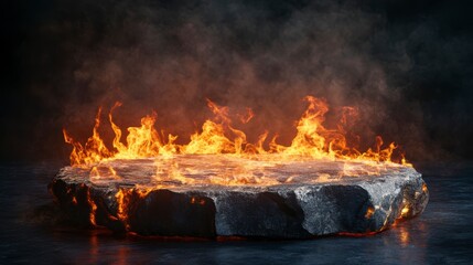 Aufkleber - Fiery flames engulfing a rough-textured stone platform, set against a dark, smoky backdrop.