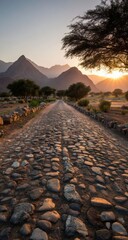 Poster - Cobblestone road winding through a mountain valley at sunset, bathed in warm golden light, with dark silhouette trees framing the scene. : Generative AI
