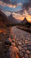 Poster - A cobblestone path winds through a majestic mountain range at sunset, casting a warm golden light on the rugged terrain and ancient stones. : Generative AI