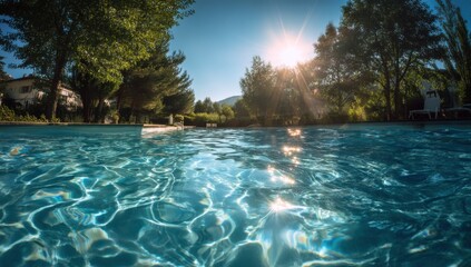 Poster - Sunlit Pool Water Surface with Glistening Reflections and Lush Green Trees in Background : Generative AI