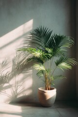 Poster - A potted kentia palm tree casts a shadow on a light grey wall, bathed in sunlight. The scene evokes a serene and minimalist interior design aesthetic. : Generative AI
