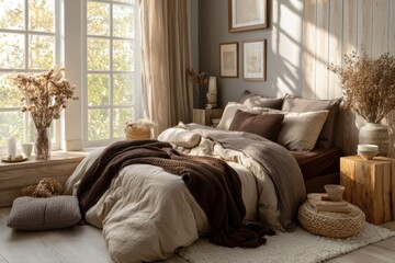 Poster - Sunlit bedroom interior with beige linen bedding, brown throw, dried flowers, and wooden accents creating a calm, cozy atmosphere. : Generative AI