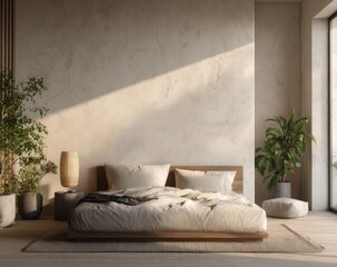 Poster - Serene minimalist bedroom interior design featuring a beige linen bed, wooden frame, and natural light illuminating a textured wall, complemented by potted plants and a woven lamp. : Generative AI