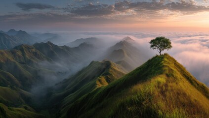 Poster - Solitary tree atop a verdant mountain peak, overlooking a sea of clouds at sunrise, showcasing a breathtaking panoramic view of rolling hills and valleys. : Generative AI