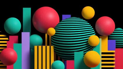 Poster - Abstract 3D composition featuring vibrant spheres and geometric columns in a dynamic arrangement against a black background.  The scene showcases a playful mix of colors and shapes. : Generative AI