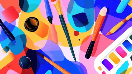 Leinwandbilder - Vibrant abstract artwork featuring paintbrushes, watercolor palette, and colorful shapes, ideal for creative projects and design inspiration. : Generative AI