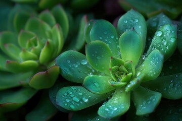 Aufkleber - Close-up view of succulent plant leaves covered in morning dew, showcasing vibrant green hues and intricate details of the rosette pattern. : Generative AI